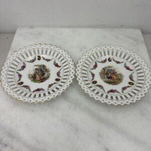 GERMANY PLATE (2)  COUPLE in GARDEN GOLD PIERCED GERMANY MEISSEN  SCHUMANN OLD